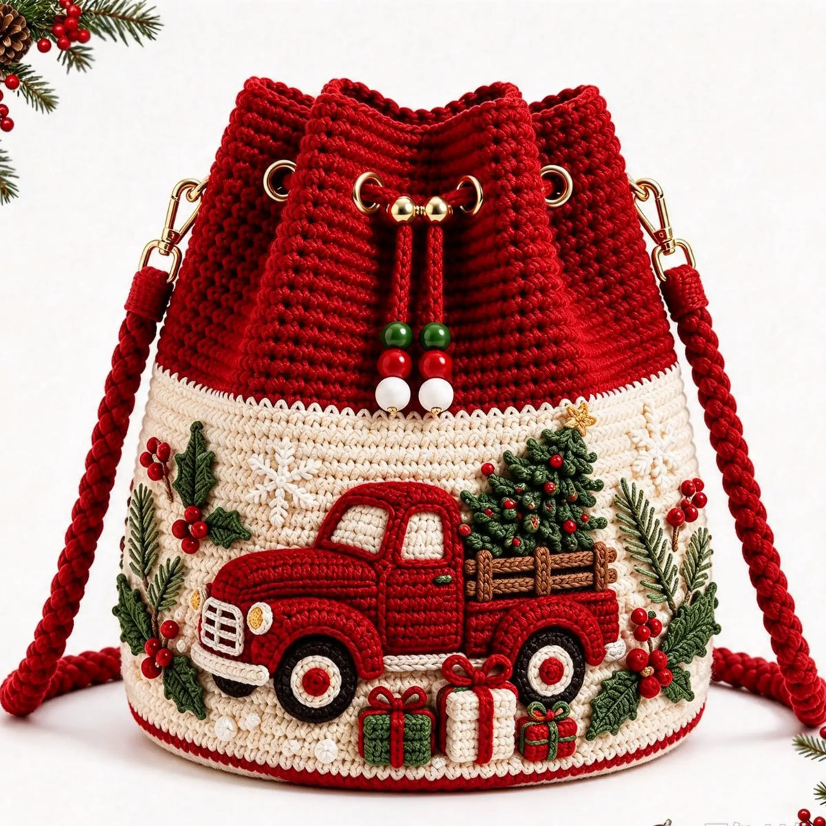 🎄3D Crochet Christmas Bucket Bag✨Festive Crossbody Purse with Detachable Strap