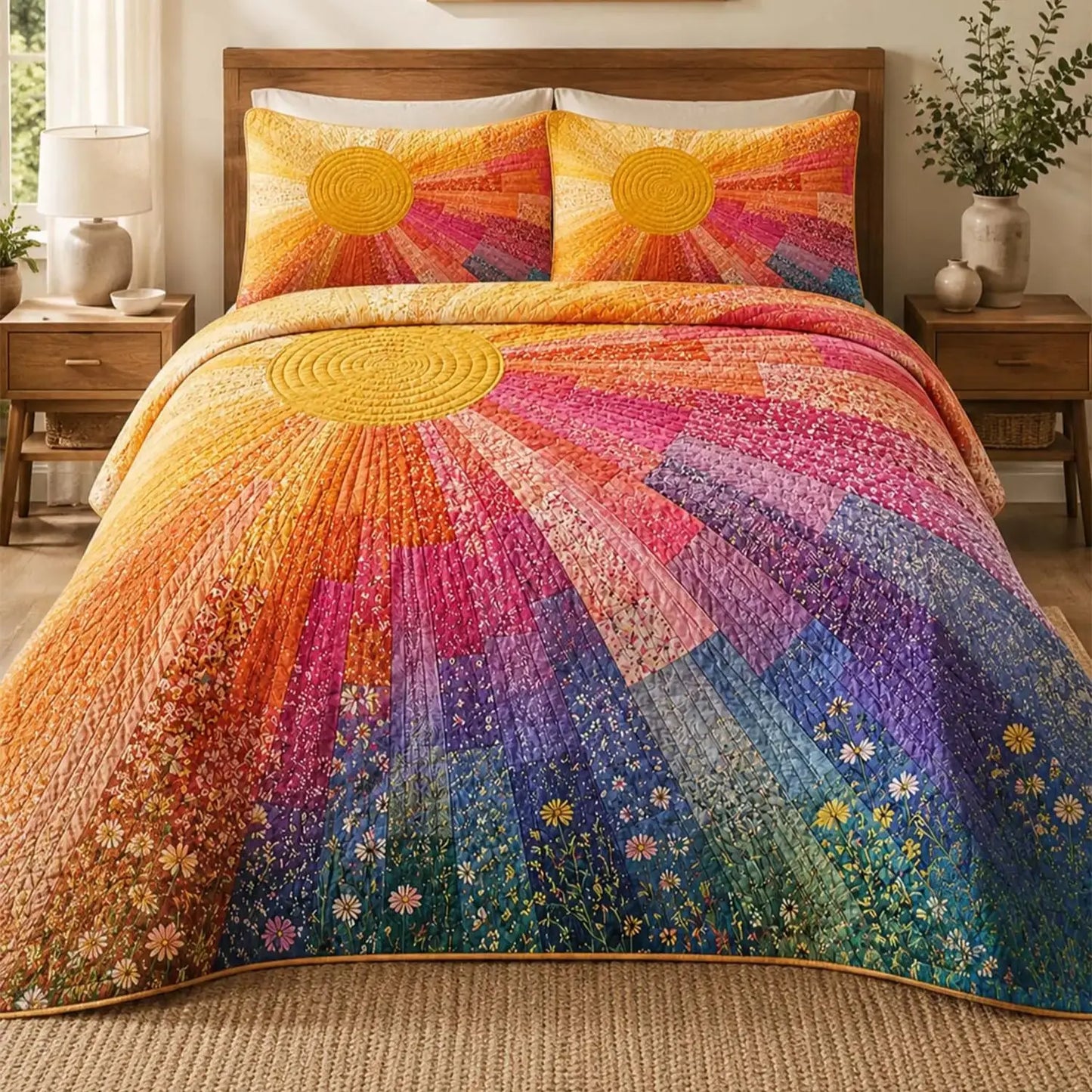 Rainbow Sunburst Quilted Bedding Set