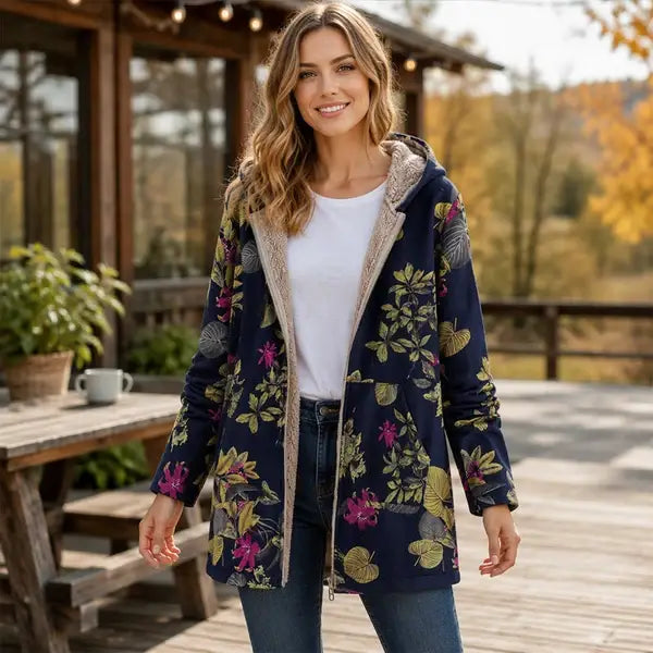 💖Women's Vintage Leaf Print Hooded Coat