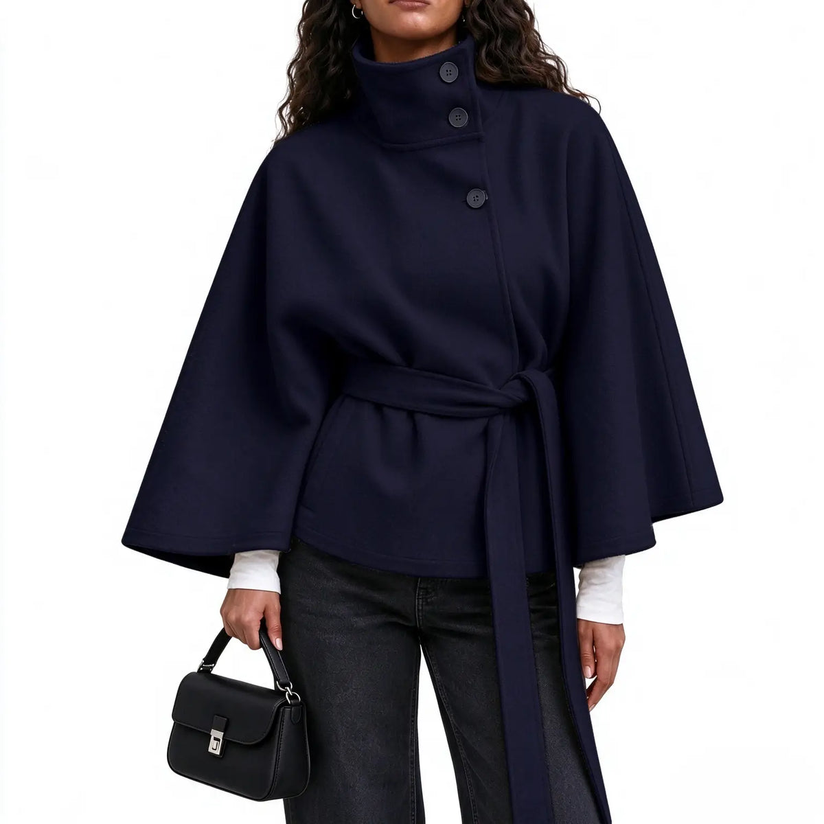 Women's Mandarin Collar Coat with Slanted Button Row