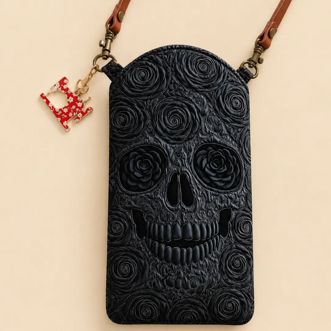 Black Rose Skull Halloween Quilted Slim Phone Crossbody Bag