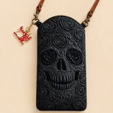Black Rose Skull Halloween Quilted Slim Phone Crossbody Bag
