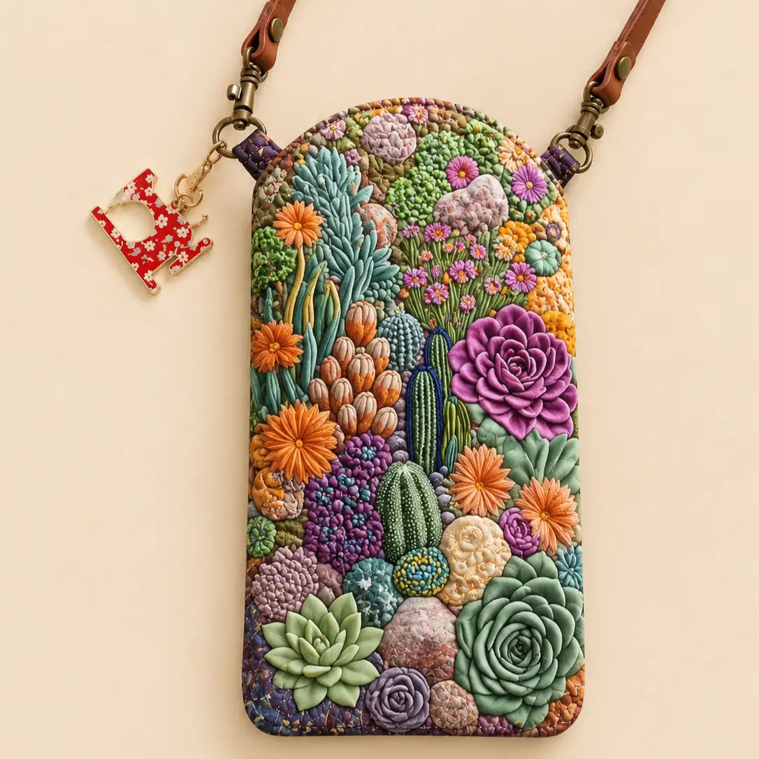 Succulent Cactus Garden Quilted Slim Phone Crossbody Bag