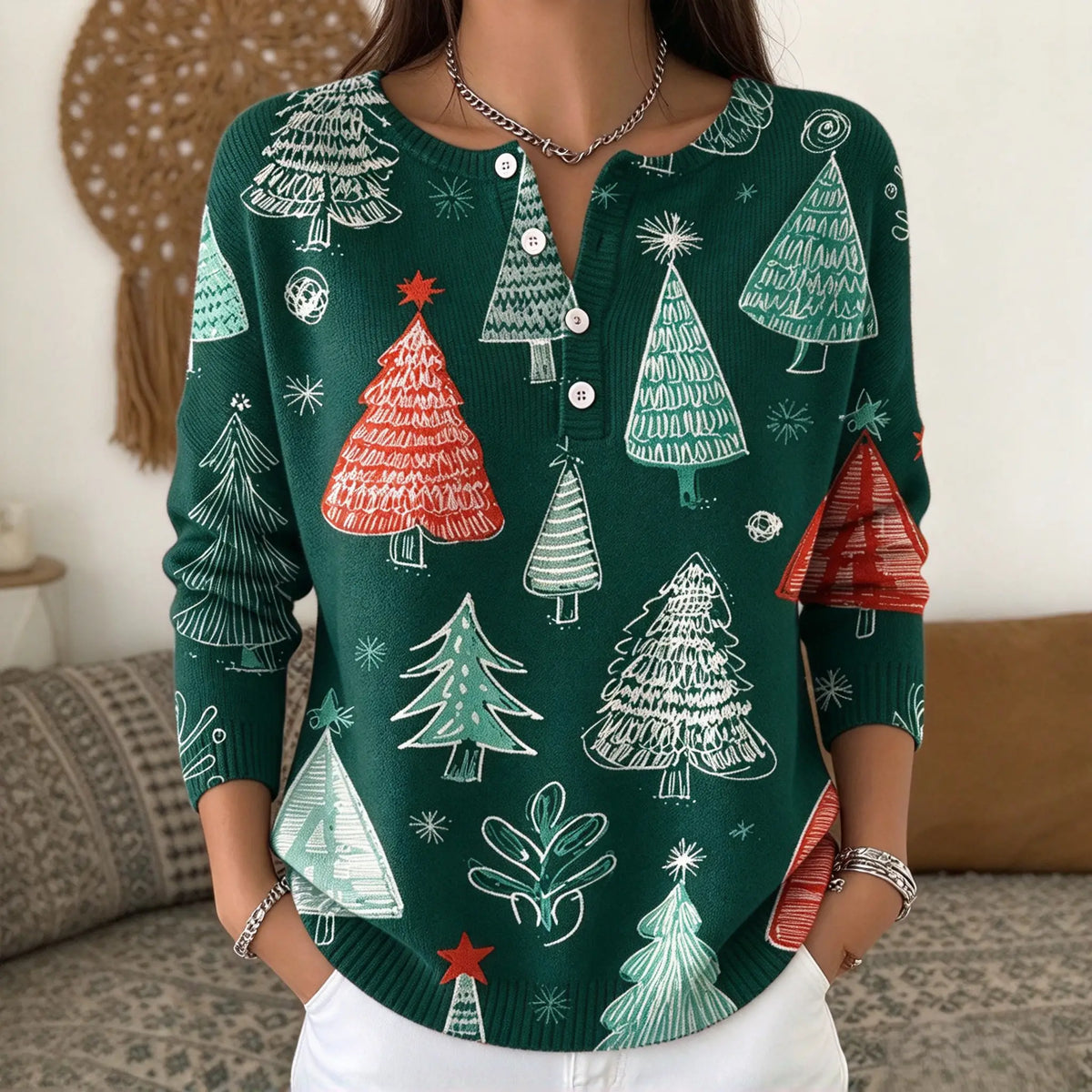 Christmas Retro 3D Digital Print Polo Sweatshirt With Buttons