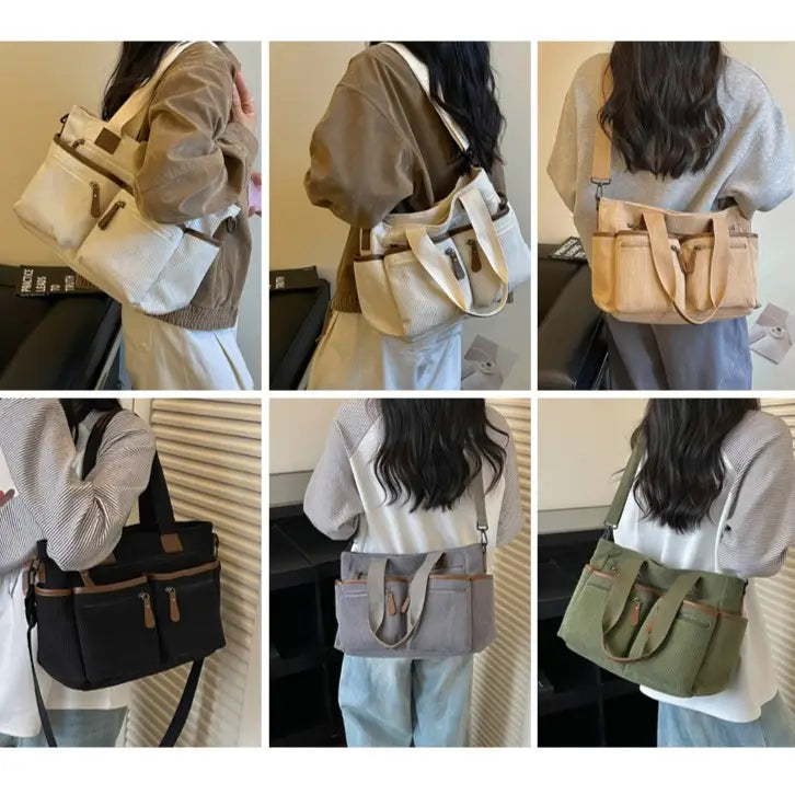 Corduroy Multi-Pocket Convertible Tote Bag