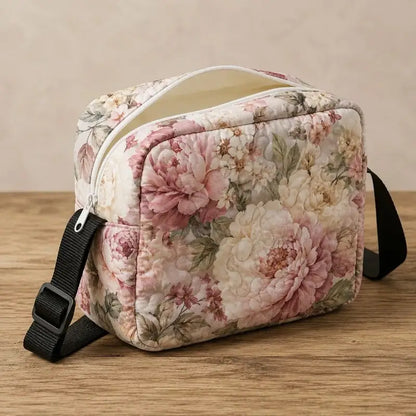 Vintage Blush Peony Floral Quilted Crossbody Bag