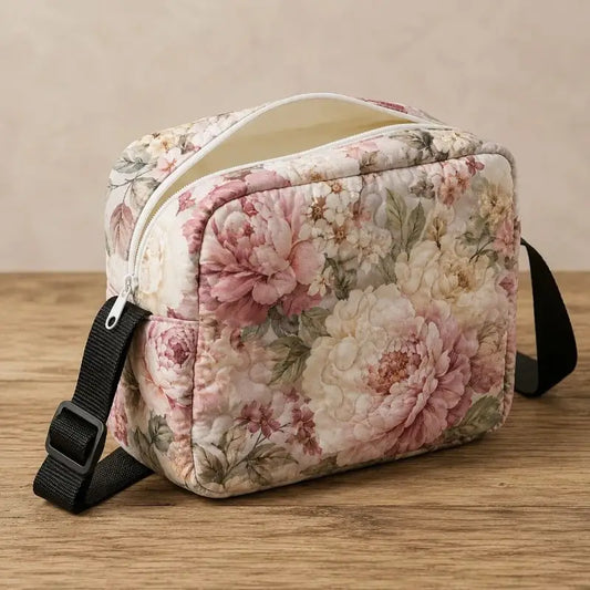 Vintage Blush Peony Floral Quilted Crossbody Bag