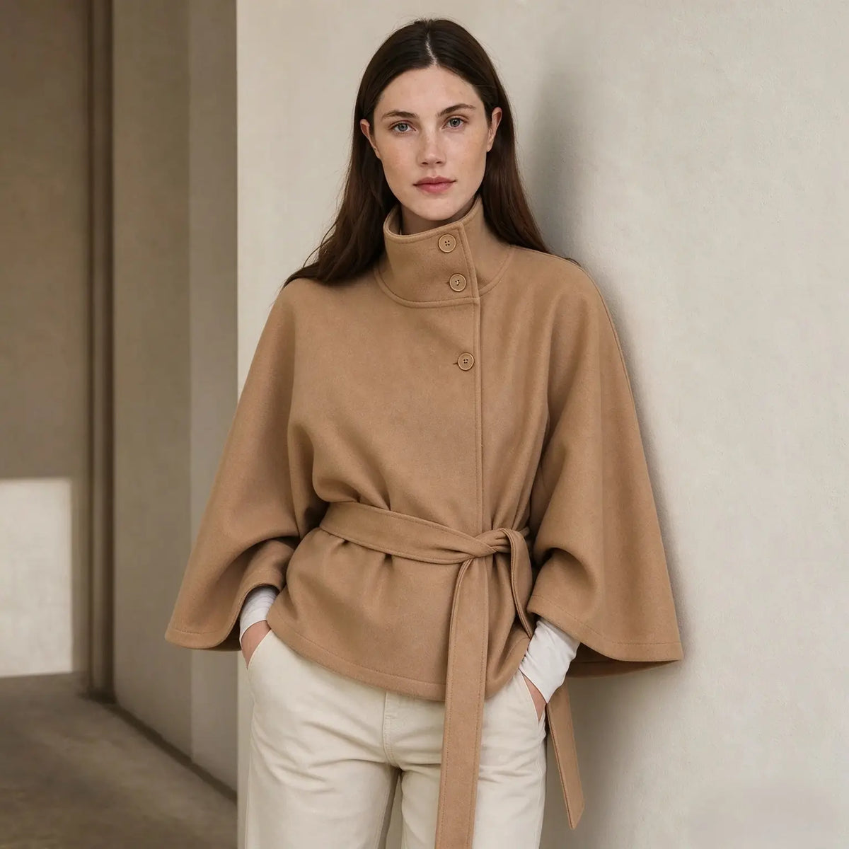 Women's Mandarin Collar Coat with Slanted Button Row