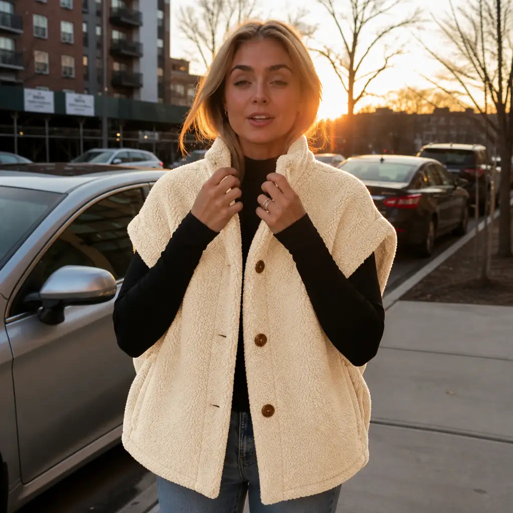 Womens Warm Button Down Sherpa Fleece-Look Vest