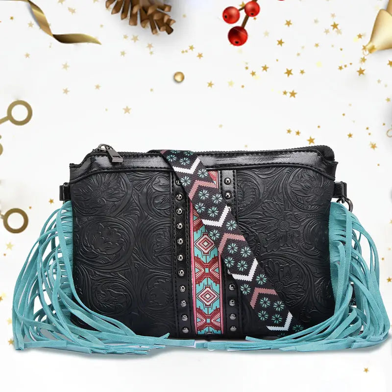 Bohemian PU Crossbody Bag with Western Fringe Tassels & Zipper Closure