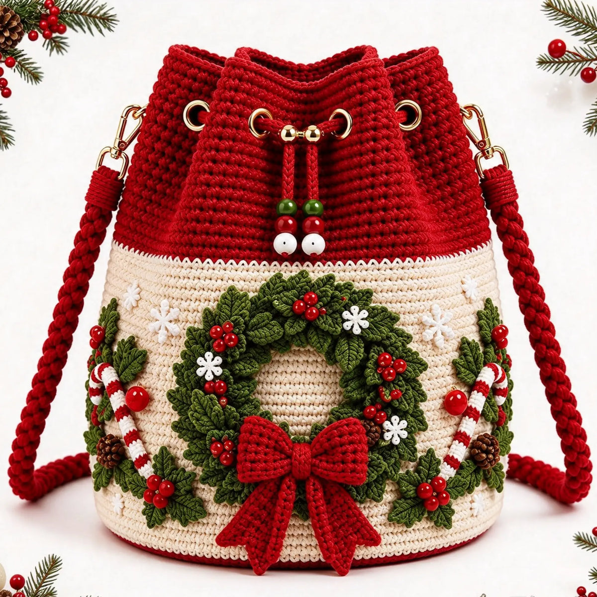 🎄3D Crochet Christmas Bucket Bag✨Festive Crossbody Purse with Detachable Strap