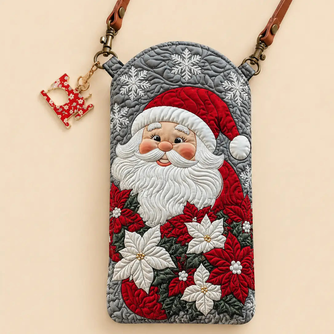 Santa Claus Poinsettia Floral Quilted Slim Phone Crossbody Bag