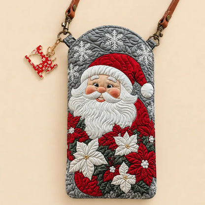 Santa Claus Poinsettia Floral Quilted Slim Phone Crossbody Bag