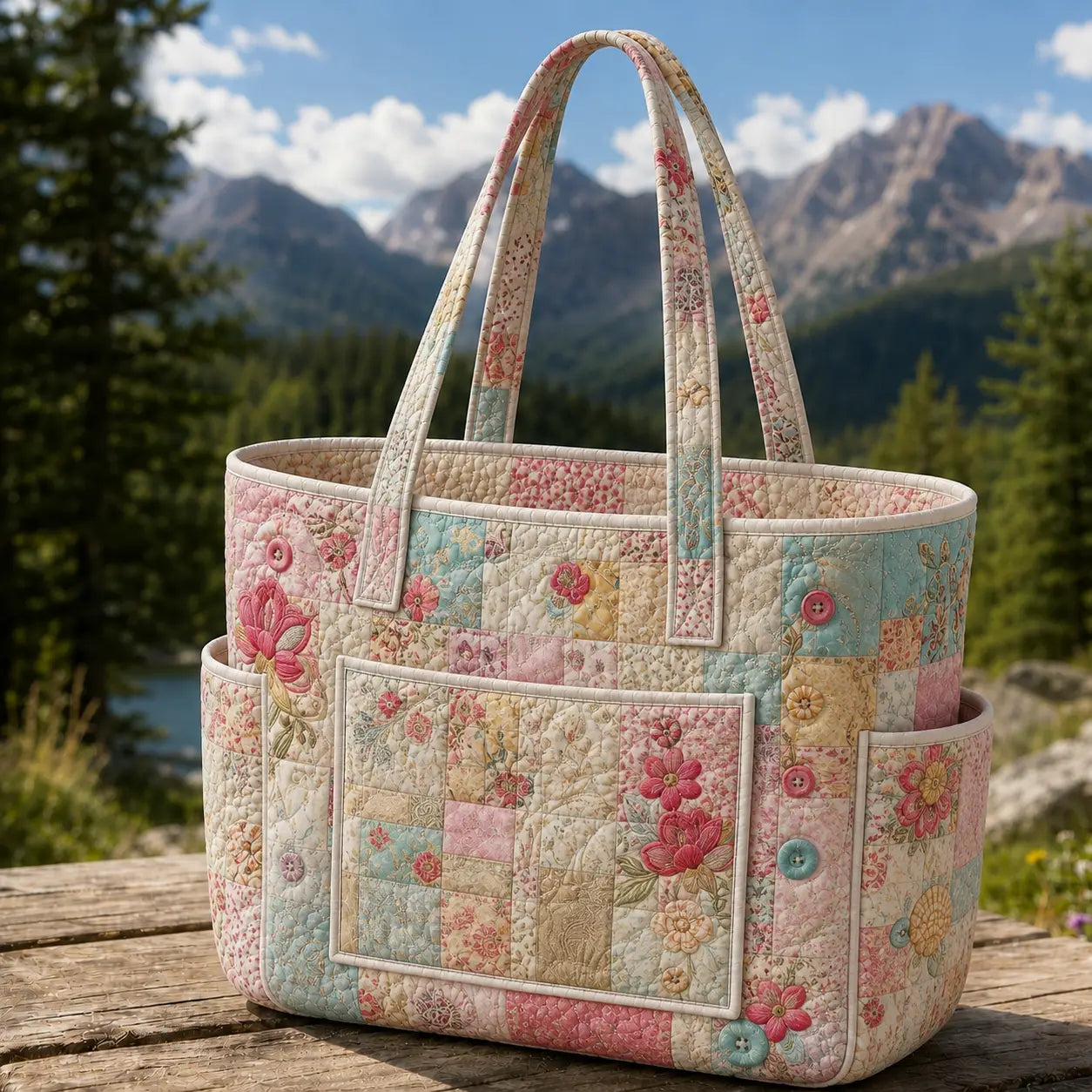 Pastel Floral Multiple Pockets Quilted Tote Bag