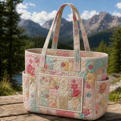 Pastel Floral Multiple Pockets Quilted Tote Bag