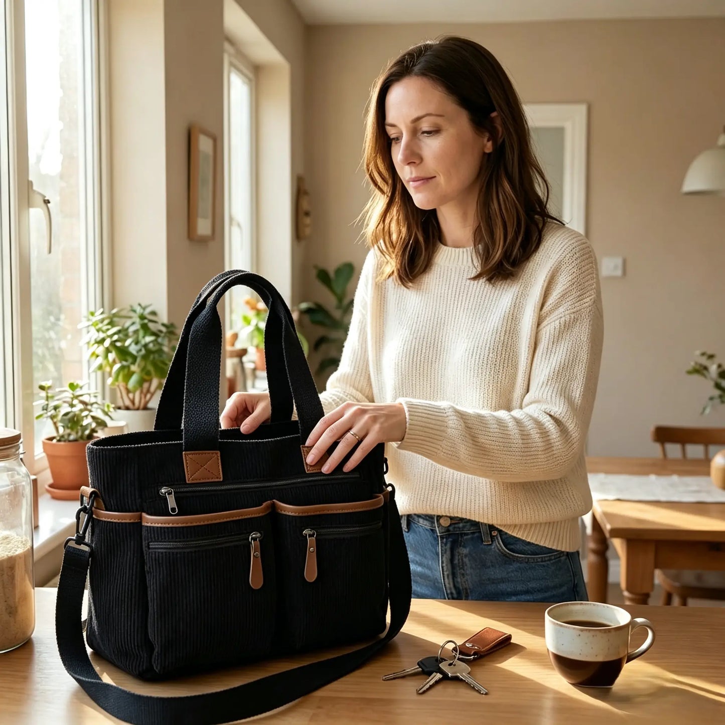 Corduroy Multi-Pocket Convertible Tote Bag