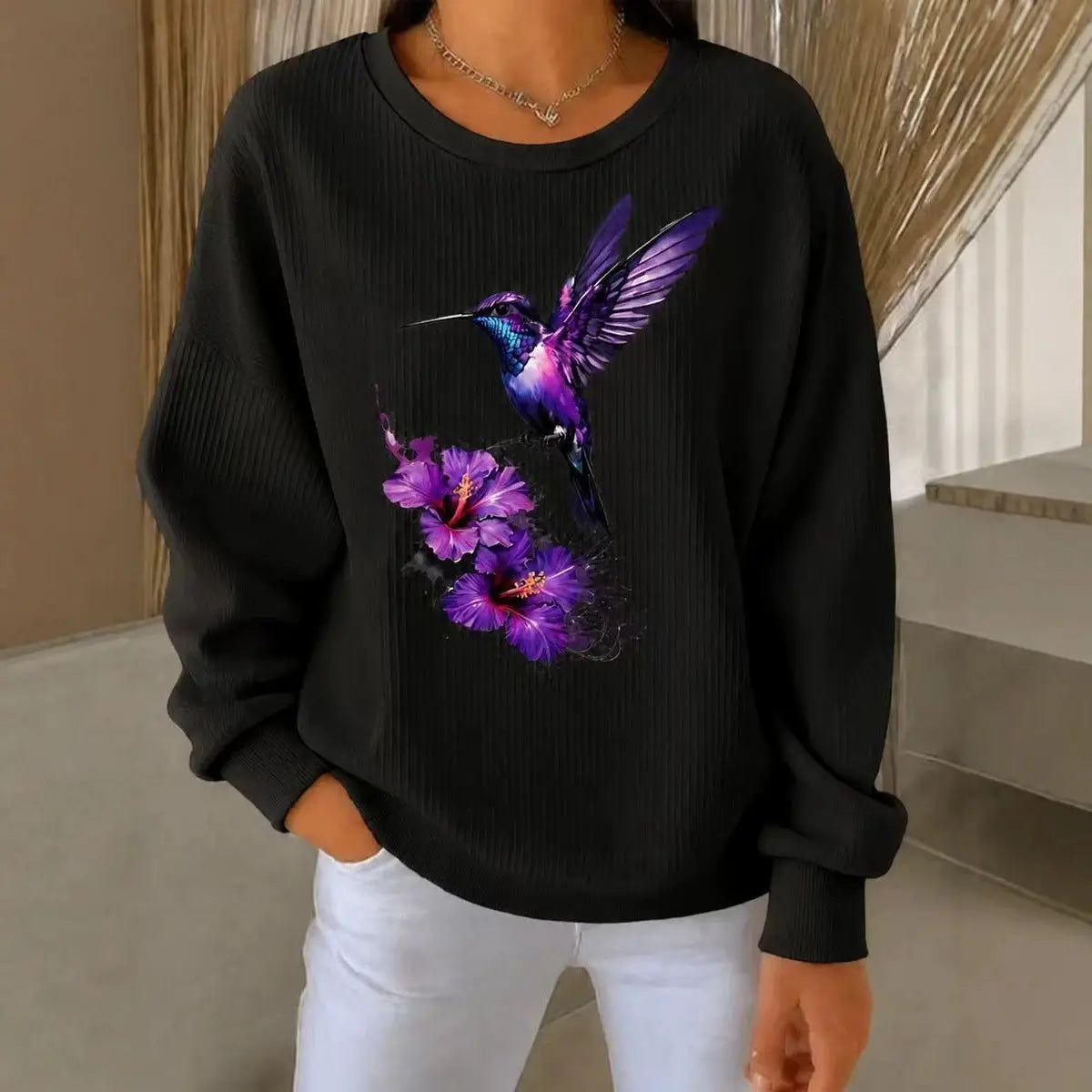 Women's Hummingbird Flower Art Print Casual Sweatshirt