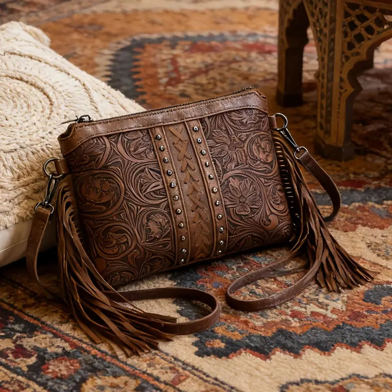 Bohemian PU Crossbody Bag with Western Fringe Tassels & Zipper Closure