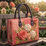 Peony Hydrangea Floral Quilted Leather Strap Bible Handbag