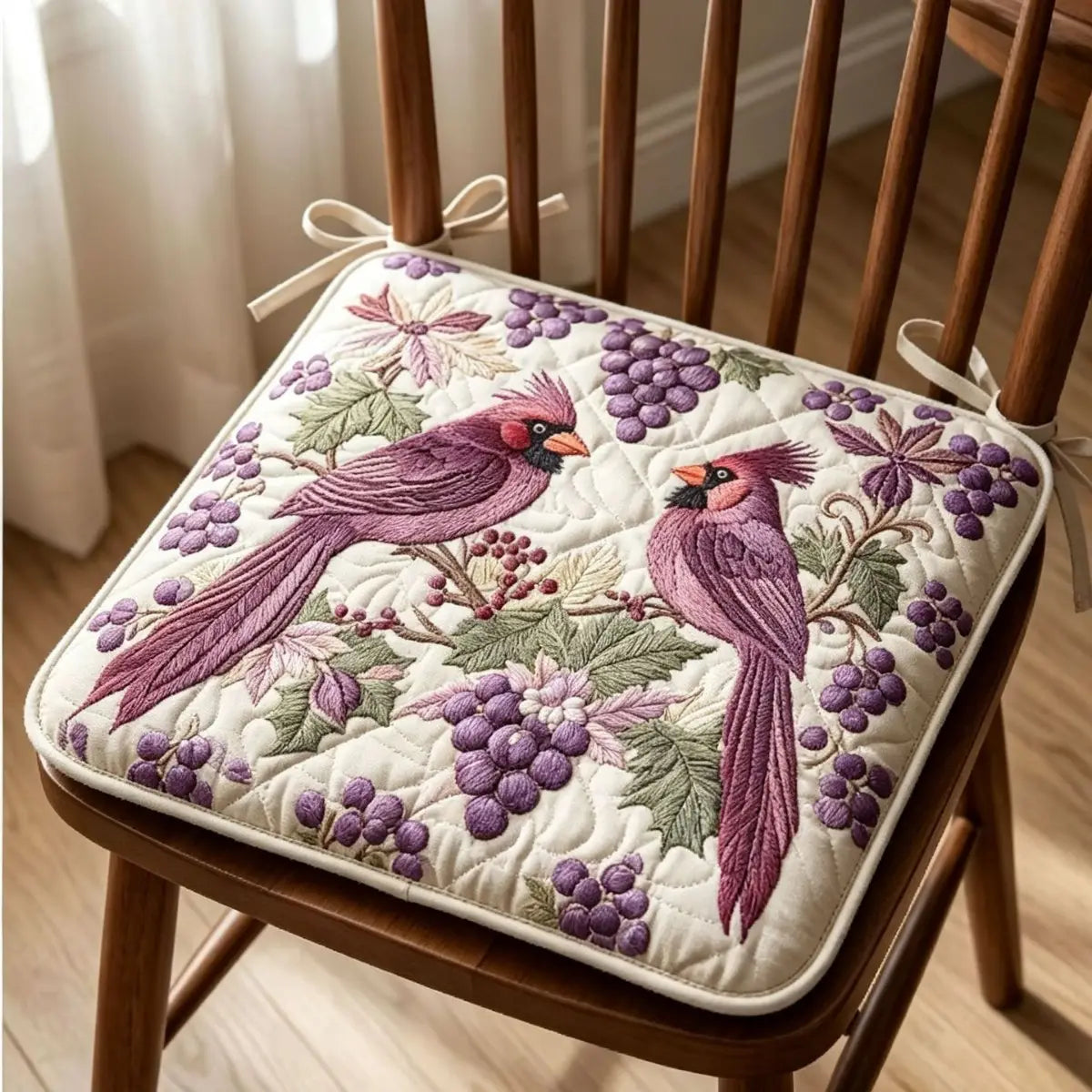 Cardinal Bird & Grape Quilted Chair Cushion