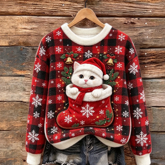 Plaid Christmas Cat Cozy Plush Sweatshirt
