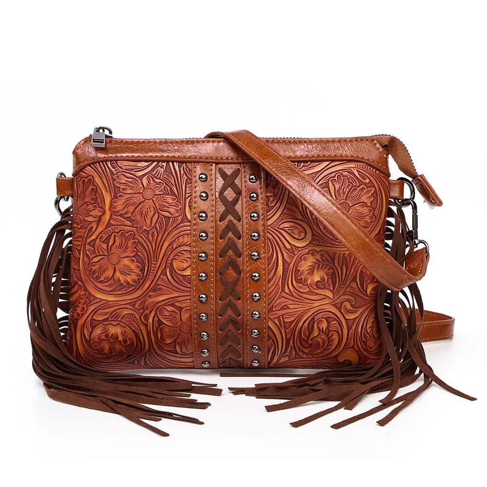 Bohemian PU Crossbody Bag with Western Fringe Tassels & Zipper Closure