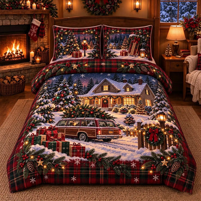Vintage Christmas Farmhouse Tree Station Quilted Bedding Set