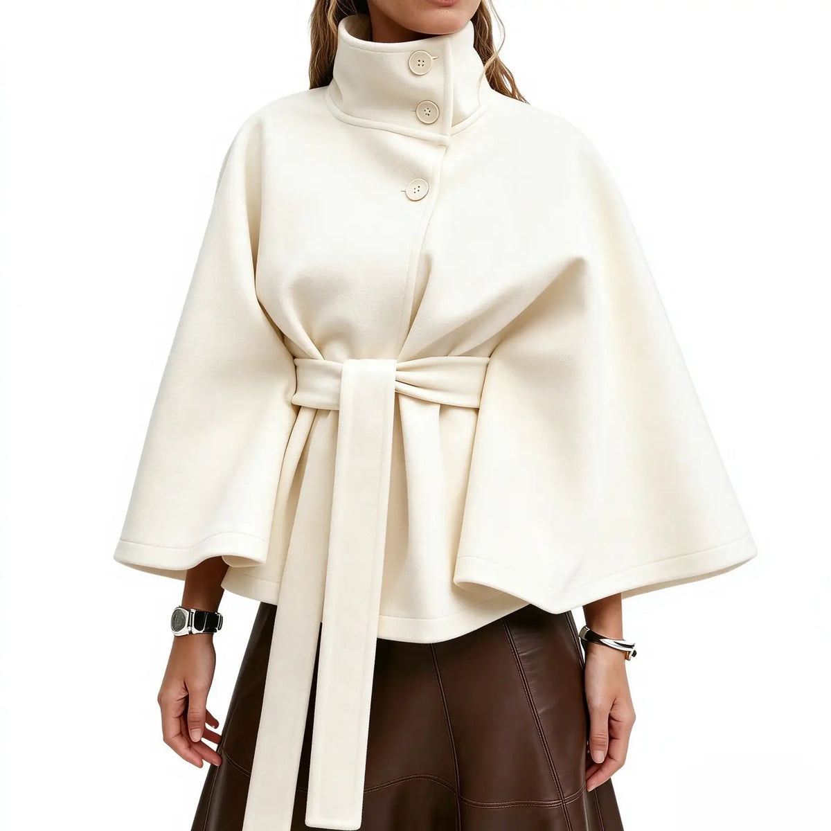 Women's Mandarin Collar Coat with Slanted Button Row