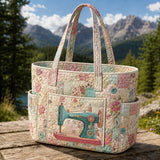 Retro Sewing Machine Floral Multiple Pockets Quilted Tote Bag