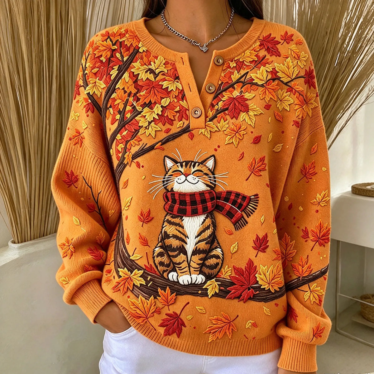Christmas Retro 3D Digital Print Polo Sweatshirt With Buttons