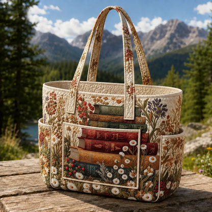 Antique Book Wildflower Multiple Pockets Quilted Tote Bag