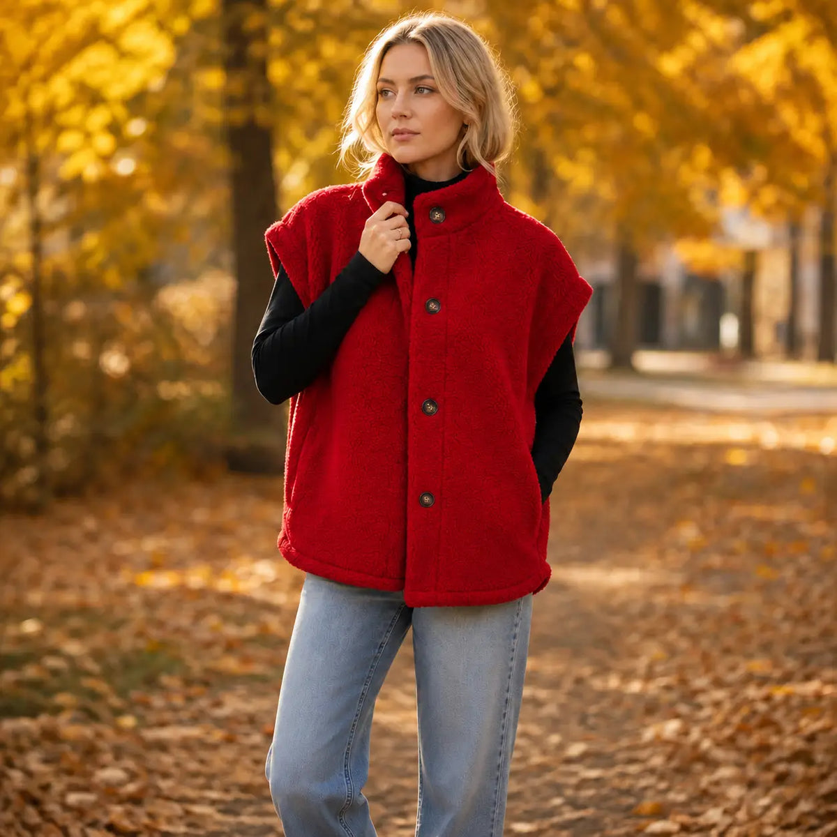 Womens Warm Button Down Sherpa Fleece-Look Vest