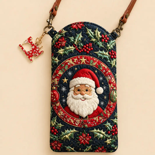 Wreath Santa Claus Holiday Quilted Slim Phone Crossbody Bag