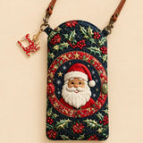 Wreath Santa Claus Holiday Quilted Slim Phone Crossbody Bag