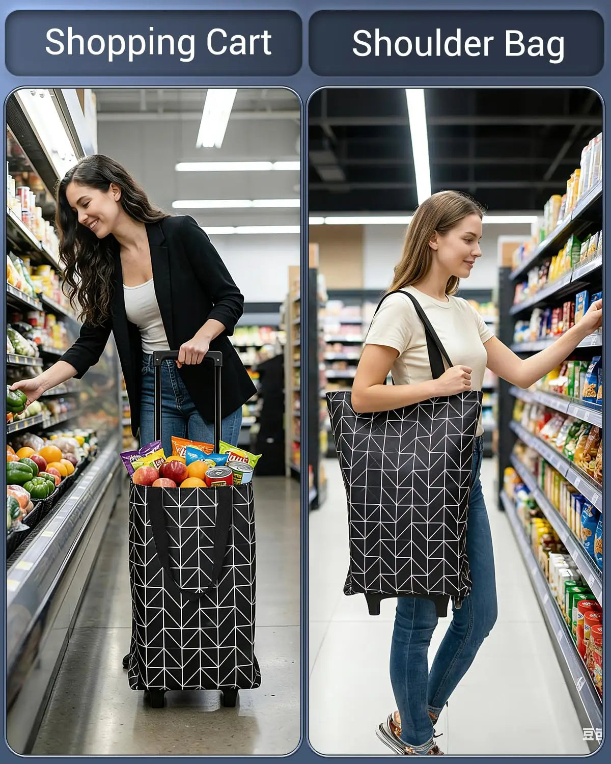 2-in-1 Folding Oxford Shopping Cart with 360° Swivel Wheels
