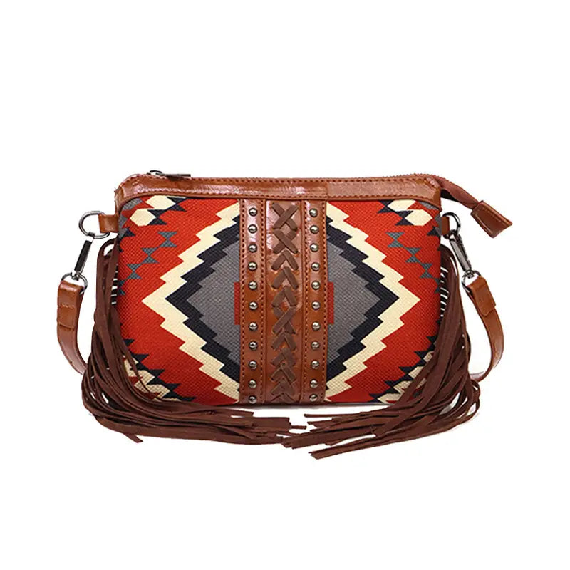 Bohemian PU Crossbody Bag with Western Fringe Tassels & Zipper Closure