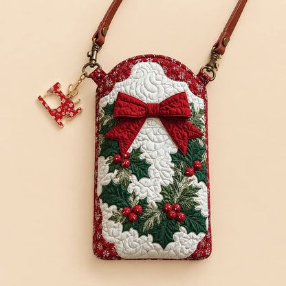 Christmas Bow Holly Berry Quilted Slim Phone Crossbody Bag