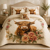 Highland Cow Rose Garden Quilted Bedding Set