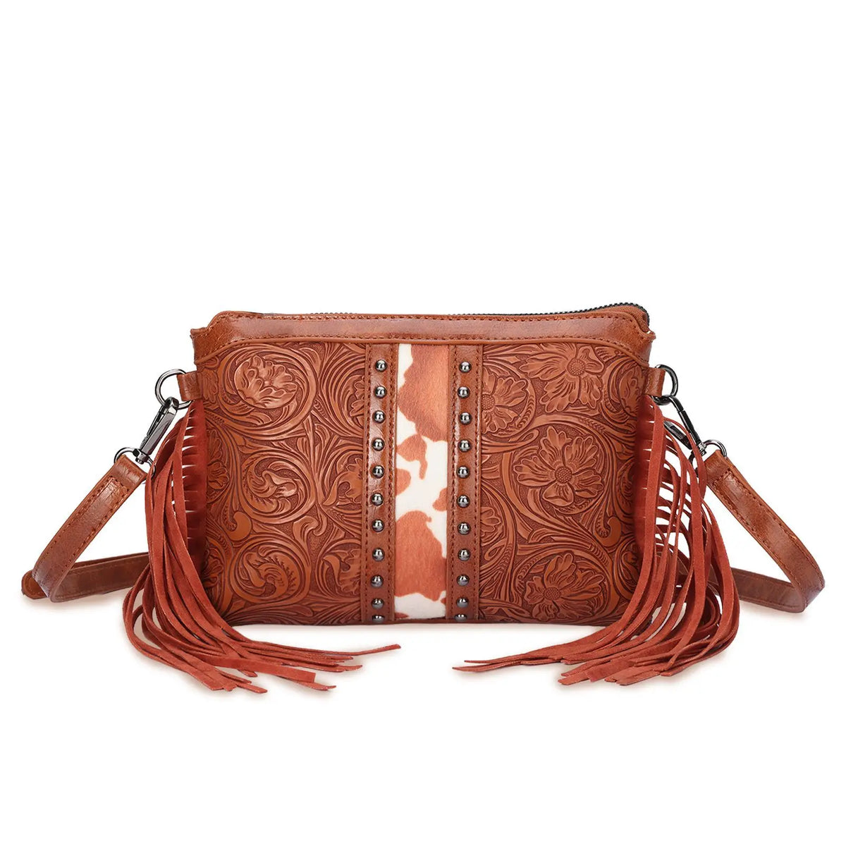 Bohemian PU Crossbody Bag with Western Fringe Tassels & Zipper Closure