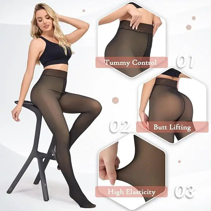 Women's Fleece Lined Tights Body Slimming Leggings Sheer Fake Translucent
