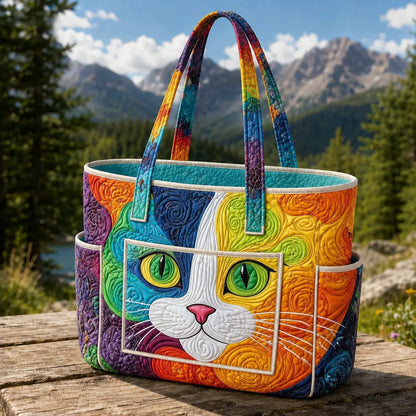 Rainbow Swirl Cat Multiple Pockets Quilted Tote Bag