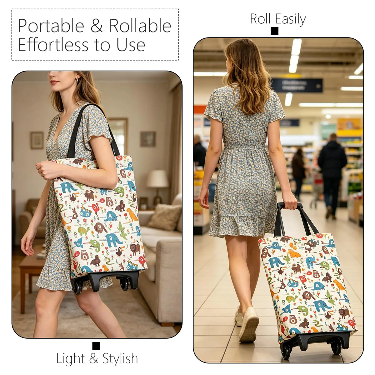 2-in-1 Folding Oxford Shopping Cart with 360° Swivel Wheels