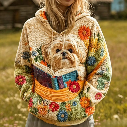 Shih Tzu Reading Floral Quilted Casual Hoodie