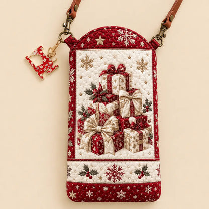 Stacked Christmas Gift Boxes Holly Snowflake Quilted Slim Phone Crossbody Bag
