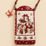 Stacked Christmas Gift Boxes Holly Snowflake Quilted Slim Phone Crossbody Bag
