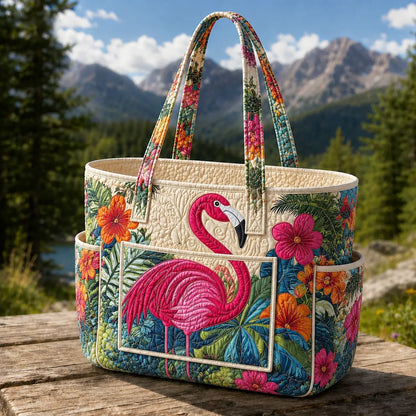 Tropical Flamingo Floral Multiple Pockets Quilted Tote Bag