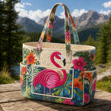 Tropical Flamingo Floral Multiple Pockets Quilted Tote Bag