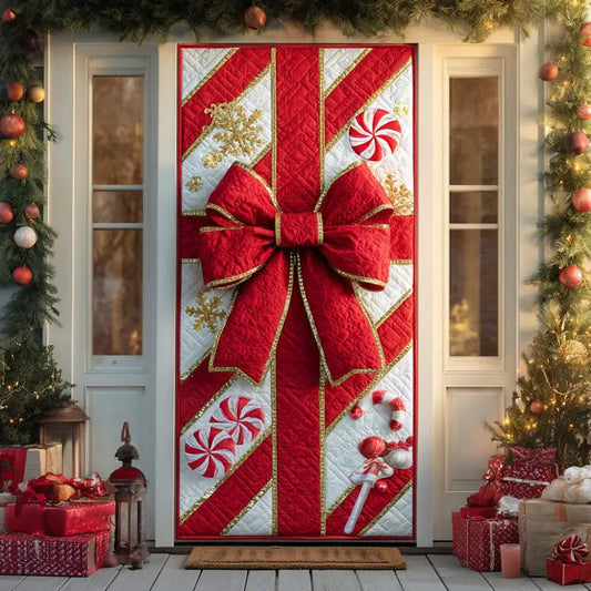 Red Bow Peppermint Candy Christmas Gift Quilted Door Cover