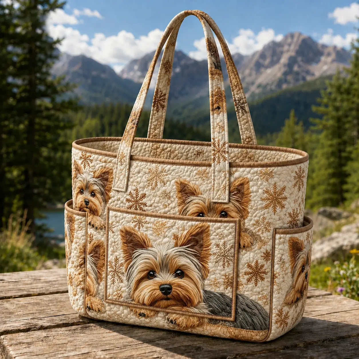 Yorkshire Terrier Snowflake Multiple Pockets Quilted Tote Bag