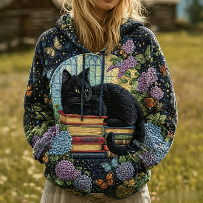 Black Cat Butterfly Hydrangea Quilted Casual Hoodie